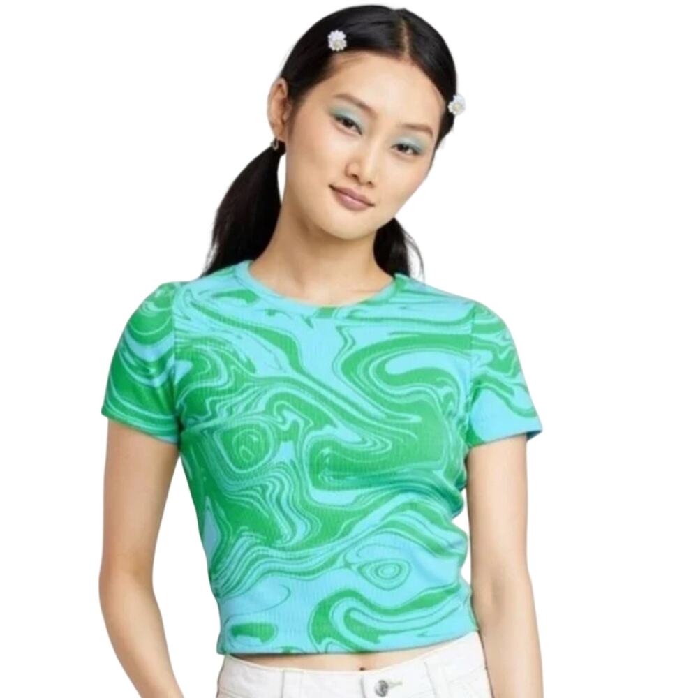 White Fable Green Swirl Pattern Women's Top Size L